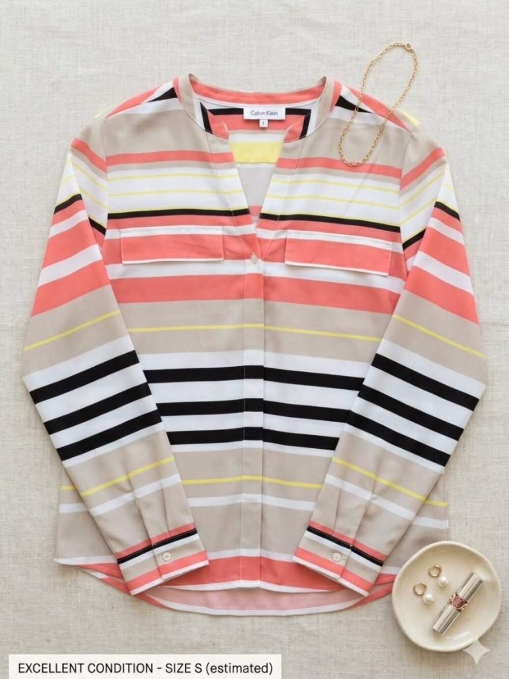 Calvin Klein Striped V-Neck Blouse Roll Tab Long Sleeve Coral Black Tan M Medium